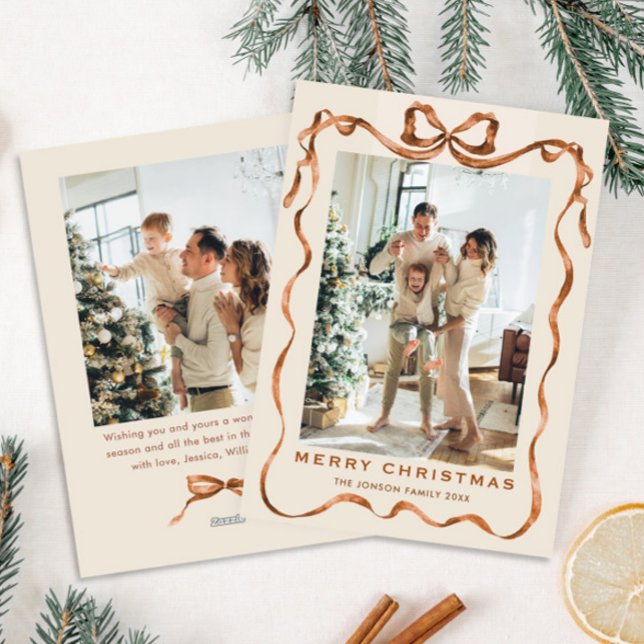 Festive Christmas Boho Beige Bow Ribbon 2 Photo Holiday Card (Creator Uploaded)