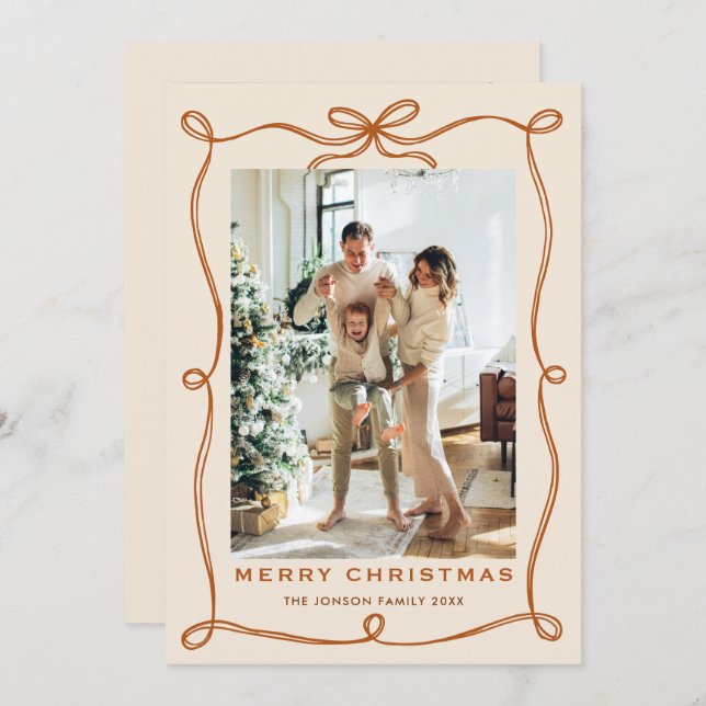 Festive Christmas Boho Beige Bow Ribbon 2 Photo Holiday Card (Front/Back)