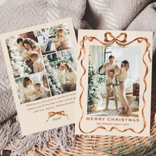 Festive Christmas Boho Beige Bow Ribbon 5 Photo Holiday Card (Creator Uploaded)