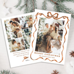 Festive Christmas Boho Beige Bow Ribbon 5 Photo Holiday Card