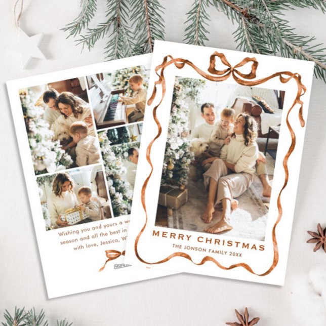 Festive Christmas Boho Beige Bow Ribbon 5 Photo Holiday Card (Creator Uploaded)