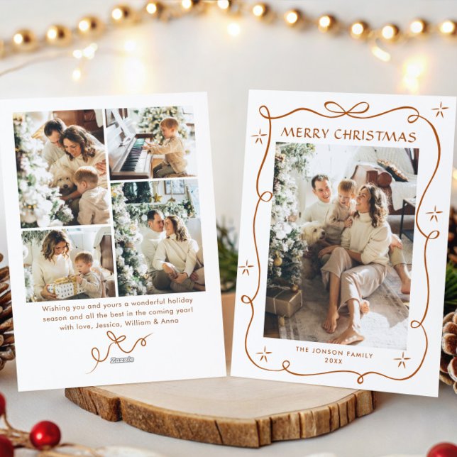 Festive Christmas Boho Beige Bow Ribbon 5 Photo Holiday Card (Creator Uploaded)