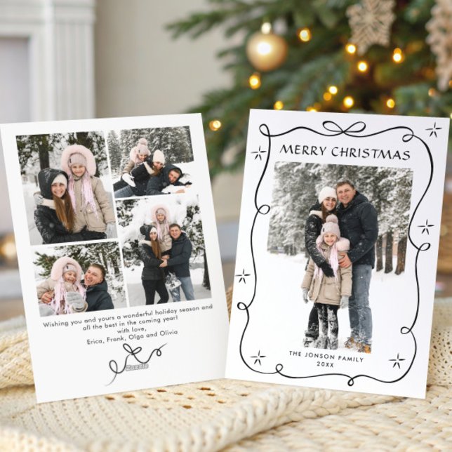 Festive Christmas Boho Black Bow Ribbon 5 Photo Holiday Card (Creator Uploaded)