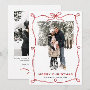 Festive Christmas Boho Red Bow Ribbon 2 Photo Holiday Card