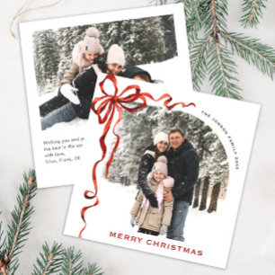 Festive Christmas Boho Red Bow Ribbon 2 Photo Holiday Card