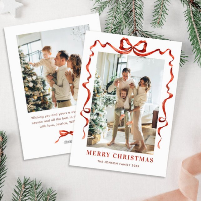 Festive Christmas Boho Red Bow Ribbon 2 Photo Holiday Card (Creator Uploaded)