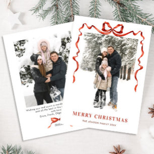 Festive Christmas Boho Red Bow Ribbon 2 Photo Holiday Card