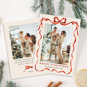 Festive Christmas Boho Red Bow Ribbon 2 Photo Holiday Card