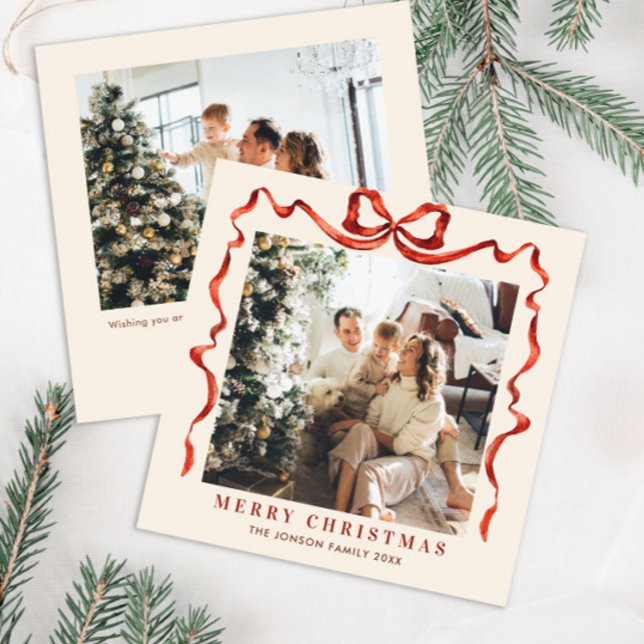 Festive Christmas Boho Red Bow Ribbon 2 Photo Holiday Card (Creator Uploaded)
