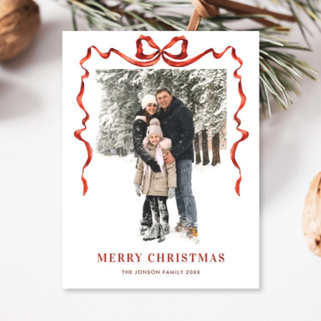 Festive Christmas Boho Red Bow Ribbon 2 Photo Postcard (Creator Uploaded)