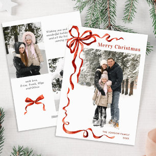 Festive Christmas Boho Red Bow Ribbon 3 Photo Holiday Card