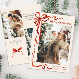 Festive Christmas Boho Red Bow Ribbon 3 Photo Holiday Card