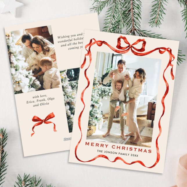 Festive Christmas Boho Red Bow Ribbon 3 Photo Holiday Card (Creator Uploaded)