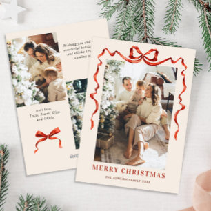 Festive Christmas Boho Red Bow Ribbon 3 Photo Holiday Card