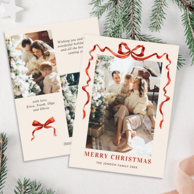 Festive Christmas Boho Red Bow Ribbon 3 Photo Holiday Card (Creator Uploaded)