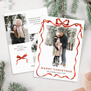 Festive Christmas Boho Red Bow Ribbon 3 Photo Holiday Card