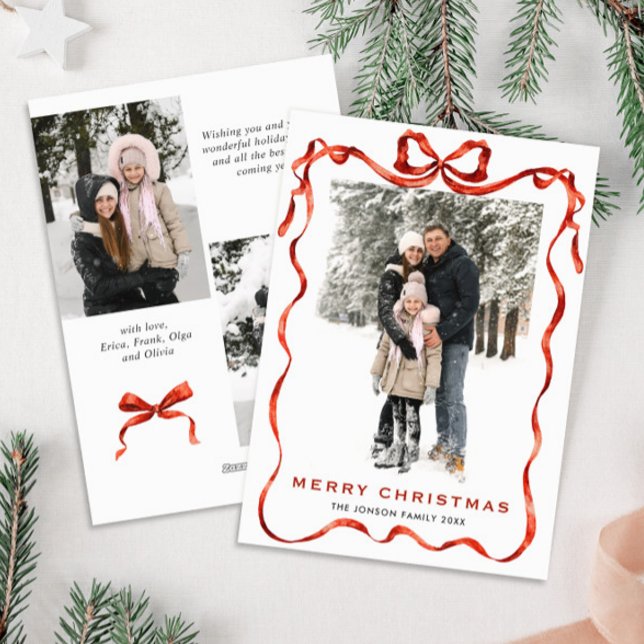 Festive Christmas Boho Red Bow Ribbon 3 Photo Holiday Card (Creator Uploaded)