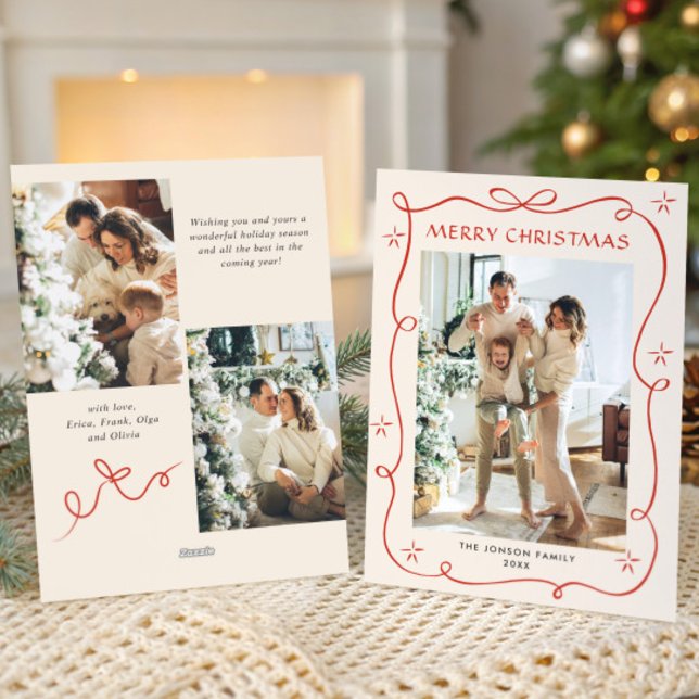 Festive Christmas Boho Red Bow Ribbon 3 Photo Holiday Card (Creator Uploaded)