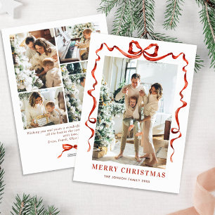 Festive Christmas Boho Red Bow Ribbon 5 Photo Holiday Card