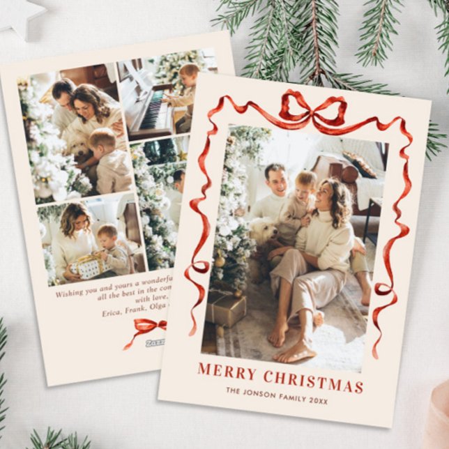 Festive Christmas Boho Red Bow Ribbon 5 Photo Holiday Card (Creator Uploaded)