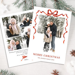Festive Christmas Boho Red Bow Ribbon 5 Photo Holiday Card