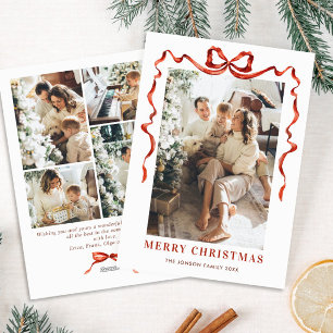 Festive Christmas Boho Red Bow Ribbon 5 Photo Holiday Card
