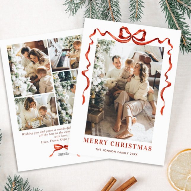 Festive Christmas Boho Red Bow Ribbon 5 Photo Holiday Card (Creator Uploaded)