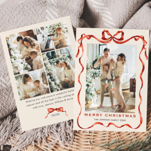Festive Christmas Boho Red Bow Ribbon 5 Photo Holiday Card