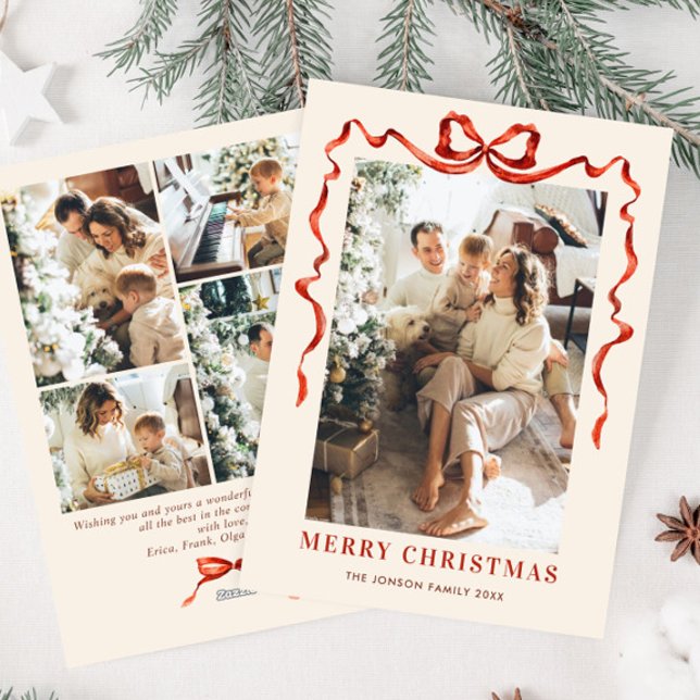 Festive Christmas Boho Red Bow Ribbon 5 Photo Holiday Card (Creator Uploaded)