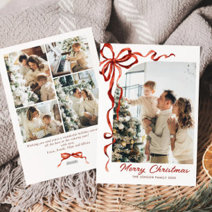 Festive Christmas Boho Red Bow Ribbon 5 Photo Holiday Card