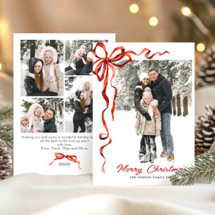 Festive Christmas Boho Red Bow Ribbon 5 Photo Holiday Card