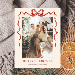 Festive Christmas Boho Red Bow Ribbon Photo Postcard