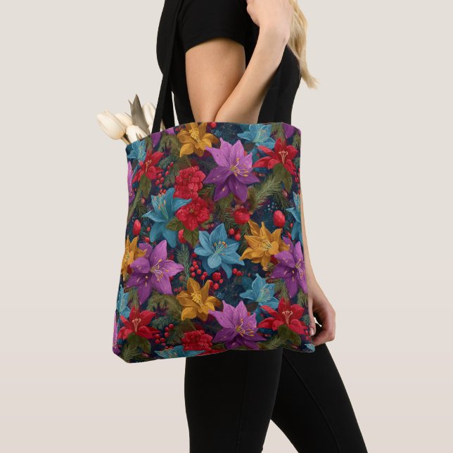 Festive Christmas Botanical Pattern Tote Bag (Close Up)