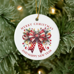 Festive Christmas Bow, Merry Christmas Typography Ceramic Ornament