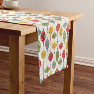 Festive Christmas Bulbs Pattern, Retro Ornaments Short Table Runner
