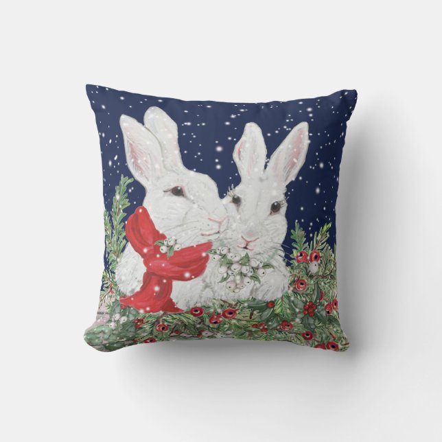 Festive Christmas Bunny Rabbit Art Winter Holiday Cushion (Front)