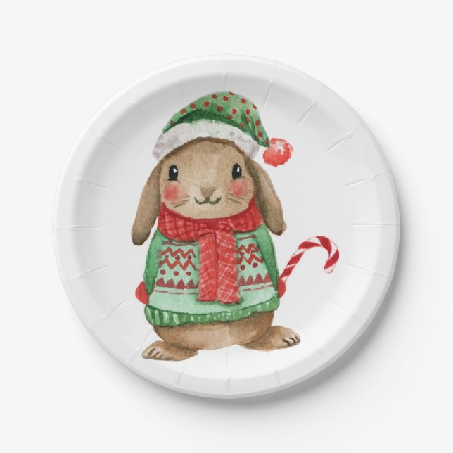 Festive christmas bunny with candy cane paper plate (Front)