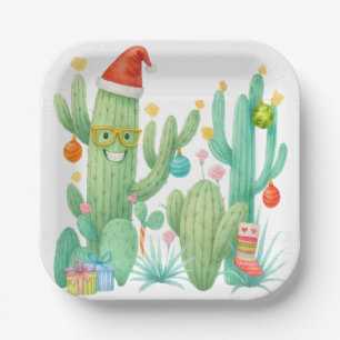 Festive Christmas Cactus with Santa Hat & Ornament Paper Plate