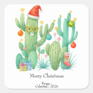 Festive Christmas Cactus with Santa Hat & Ornament Square Sticker