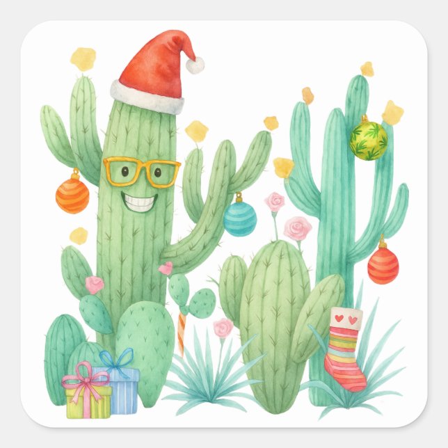 Festive Christmas Cactus with Santa Hat & Ornament Square Sticker (Front)