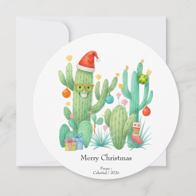 Festive Christmas Cactus with Santa Hat & Ornament Thank You Card (Front)