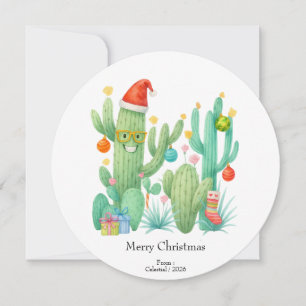 Festive Christmas Cactus with Santa Hat & Ornament Thank You Card