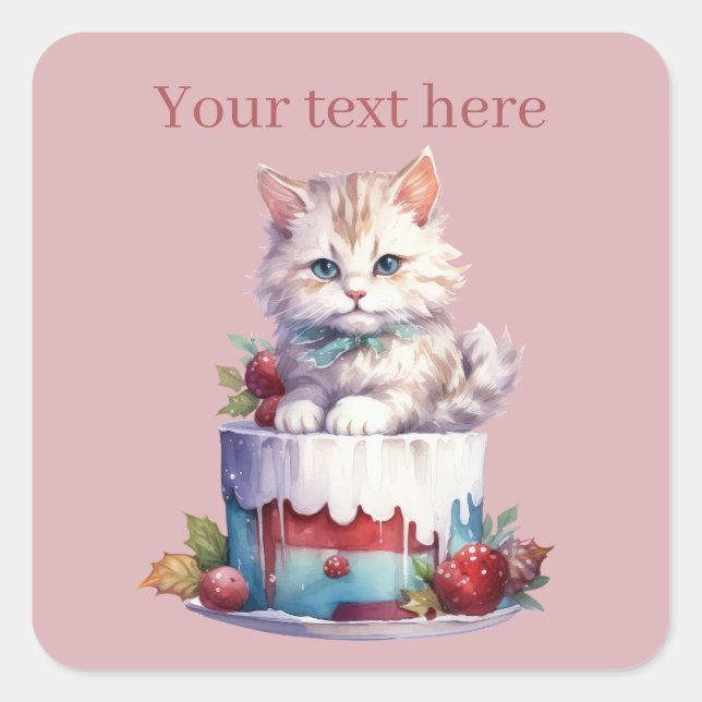 festive Christmas cake cat add text Square Sticker (Front)