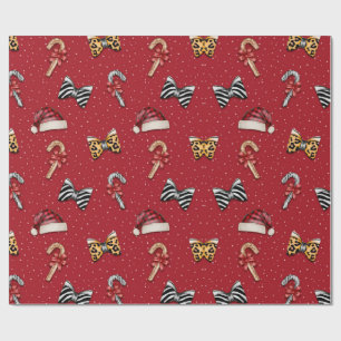 Festive Christmas Candy Cane & Santa Hat Wrapping  Paper