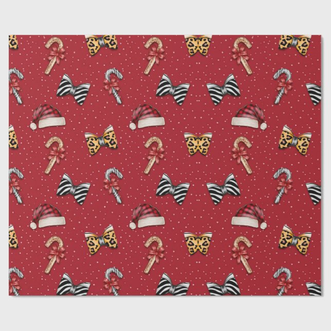 Festive Christmas Candy Cane & Santa Hat Wrapping  Paper (Flat)
