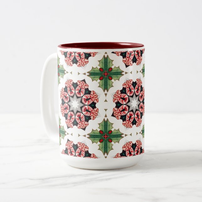 Festive Christmas Candy Cane Two-Tone Coffee Mug (Front Left)