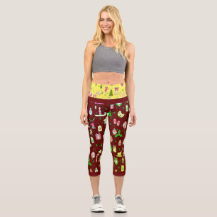 Festive Christmas Candy Pattern Red Background Capri Leggings