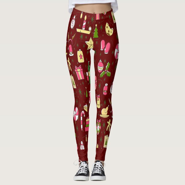 Festive Christmas Candy Pattern Red Background Leggings (Front)