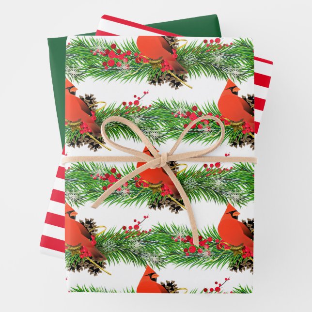 Festive Christmas Cardinal with Holiday Greenery  Wrapping Paper Sheet (In situ)