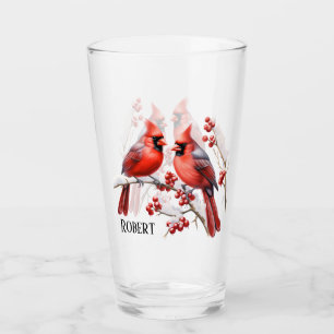 Festive Christmas cardinals add name watercolor  Glass